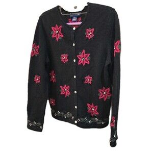 CHARTER CLUB Sz M Vtg 100% Wool Poinsettia Beaded Blk Button Christmas Sweater